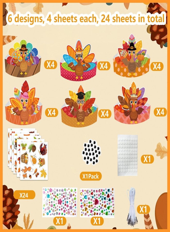 EUVBOKW 24 Pack Thanksgiving DIY Turkey Headband Craft Kit-Create Your Own Fall Paper Crown Hats with Stickers, Gems,Googly Eyes for Party and Holiday Activity - Image 2